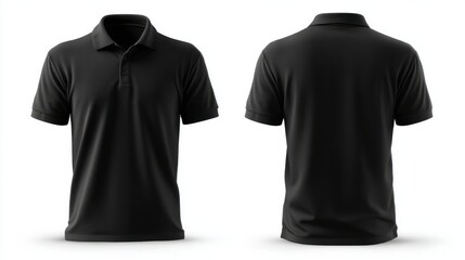 A 4K photo of blank black polo shirt mockup template front and back views isolated on white background apparel design presentation.