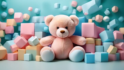 pastel teddy bear amidst candy colored cubes a dreamy soft scene