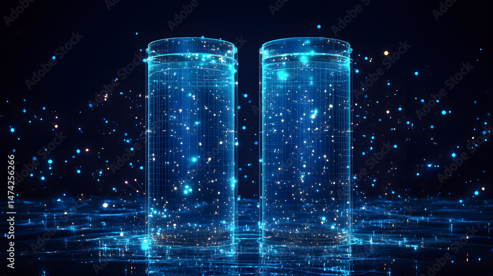 Poster futuristic scene with blue wireframe cylinders on a reflective grid. glowing particles and lines cre