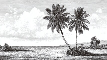 Monochrome tropical island landscape art with palm trees, peaceful coast, and a serene sky. Classic vintage style beach engraving artwork.