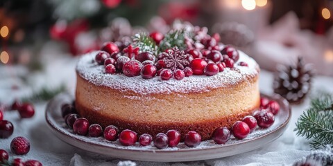 Festive cake adorned with cranberries and pine cones on a winter table setting during the holiday season