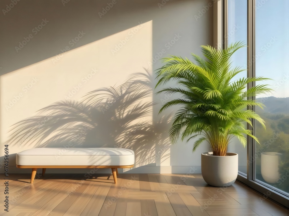 Poster 明るいリビングルームの大きな窓のそばにある鉢植えの植物と白いベンチ穏やかな雰囲気を作り出す室内装飾