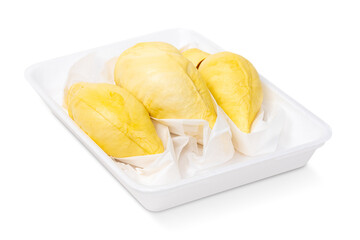 Durian a famous Thai fruit known for its unique aroma and flavor served in foam tray isolated on white background