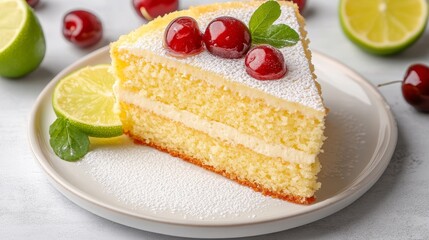 Slice of Homemade Cherry Limeade Cake on White Plate, Decorated with Fresh Cherries and Limes.