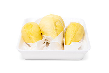 Durian a famous Thai fruit known for its unique aroma and flavor served in foam tray isolated on white background