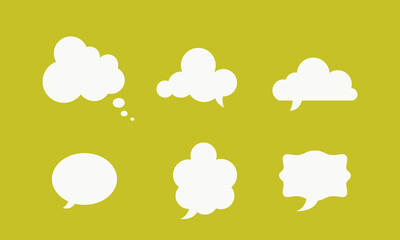 Set of Six Blank White Speech and Thought Bubbles in Various Comic Shapes, Perfect for Dialogue, Communication Concepts, and Graphic Design Projects