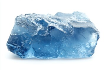 Fototapeta premium Rough blue ice block with frosty surface and natural cracks isolated on white background, cool textured frozen cube
