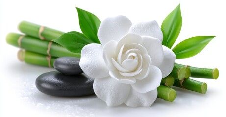 Spa stones that evoke a sense of calm are juxtaposed with lotus blooms, cut out