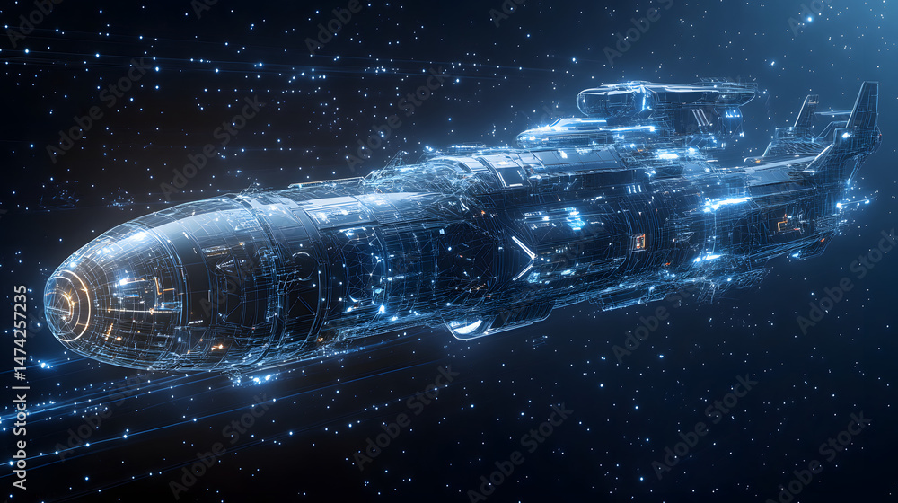 Aufkleber futuristic wireframe spaceship hurtles through the cosmos, adorned with radiant blue and orange acce