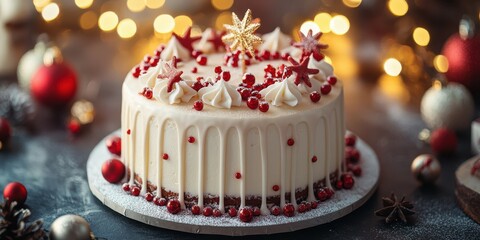 Festive cake decorated with red currants and stars, surrounded by holiday lights and ornaments in a cozy setting