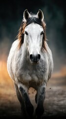 Obraz premium Majestic white horse galloping through a misty landscape at dawn with sunlight breaking through the trees