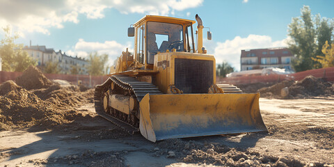 Wheel Loader Excavator Moving Earth at Construction Site

