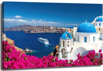 Fototapeta premium Blue Domed Church White Buildings and Cruise Ship in Oia, Santorini Island, Greece