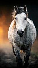 Obraz premium Majestic grey horse trotting gracefully in a misty landscape at sunset