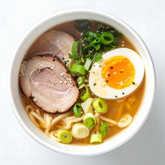 Savory Ramen Delight: A close-up shot of a steaming bowl of savory ramen, showcasing rich broth, tender noodles, flavorful meat, and a perfectly cooked egg, a delicious culinary journey.