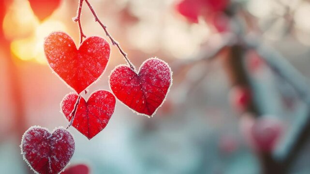 Frozen Red Heart Shaped Leaves on Branch Winter Nature