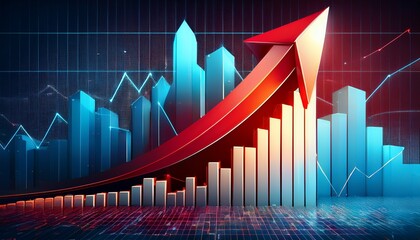 Naklejka premium graph with upward arrow a 3d graph with a bold red arrow pointing upwards surrounded by financial data and market analysis charts visualizing economic growth