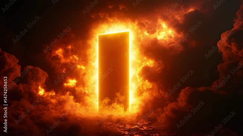 Poster fiery portal glowing rectangular gateway emerging from inferno cloudscape