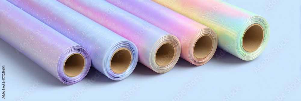 Poster pastel wrapping paper rolls arranged neatly on a light blue surface in an artful display for gift wr