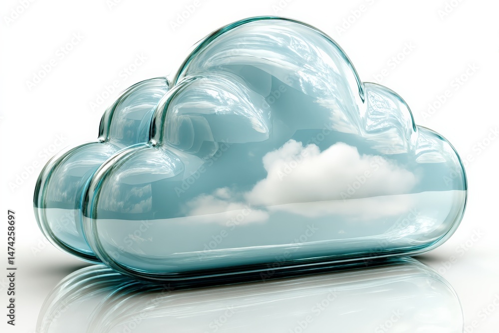 Poster clear glass cloud sculpture reflecting a serene sky with clouds on a minimalist background