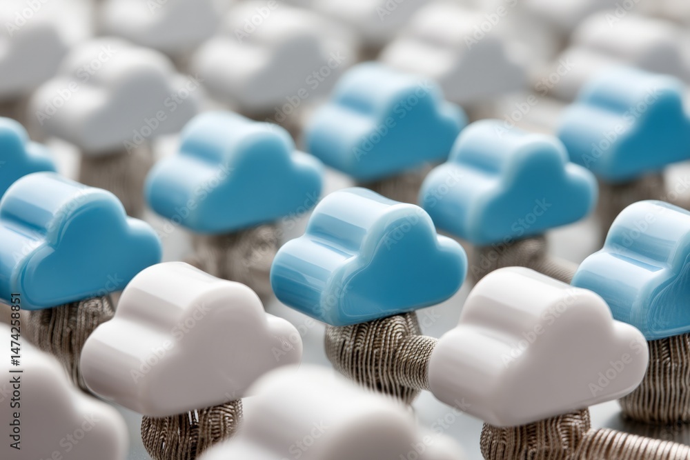 Poster Colorful cloud-shaped objects arranged in rows on a surface in a well-lit workspace setting