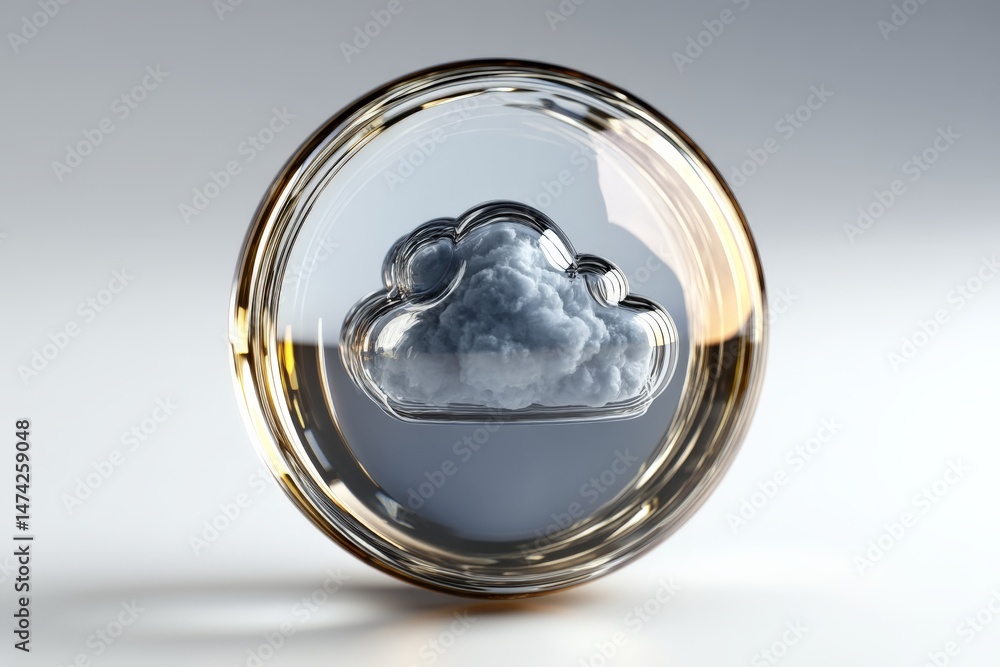 Poster illustration of a translucent cloud symbol encased in a round glass holder, representing digital sto