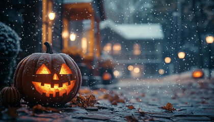 Halloween pumpkin in snowfall during winter season
