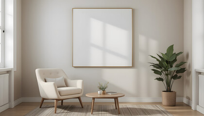 Minimalist Living Room Interior with Armchair, Coffee Table, and Blank Frame

