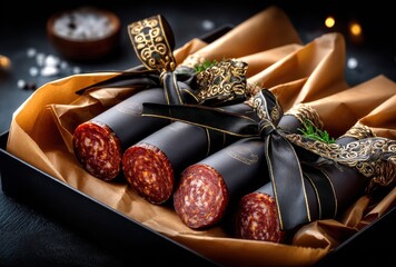 Gourmet salami wrapped in elegant packaging with decorative ribbons, arranged in a stylish gift box for culinary enthusiasts and special occasions