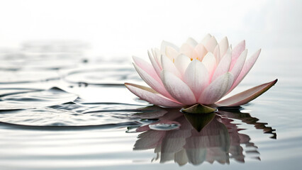 Beautiful pink water lily blooming on tranquil water surface at dawn