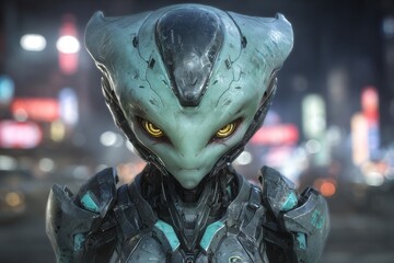 The urban environment is engaged by a peculiar green alien that has a robotic likeness