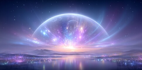 A distant planet's landscape is shrouded in mystery under the glow of an alien moon in the vastness of space, evoking themes of exploration and the extraterrestrial