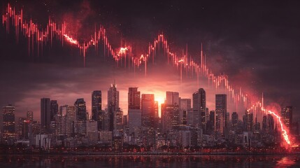 Obraz premium Downtown City Financial Crisis: An image portraying a city skyline overlaid with a declining stock chart, symbolizing economic downturn and uncertainty.