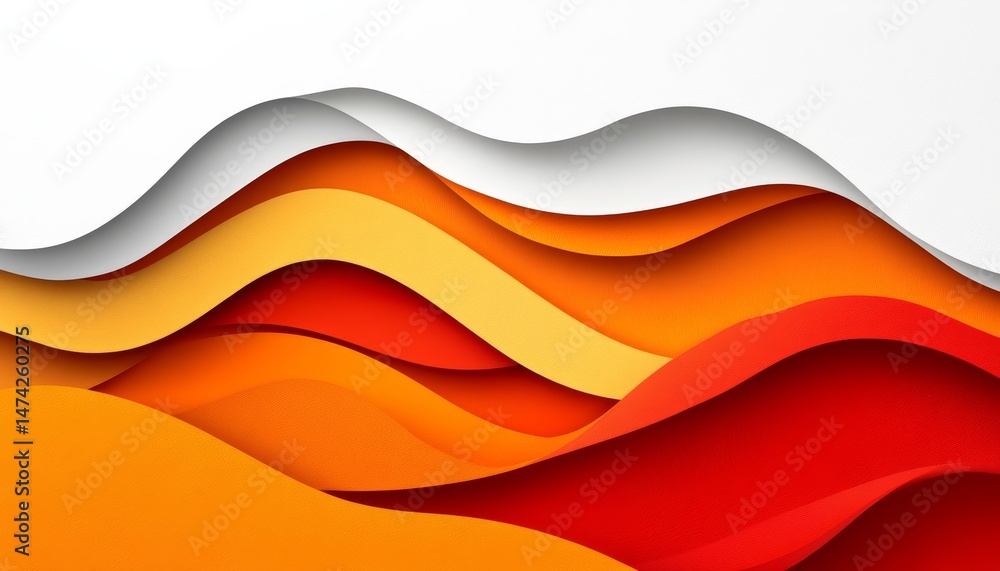 Poster dynamic abstract background, flowing red and orange waves in a layered paper cutout style
