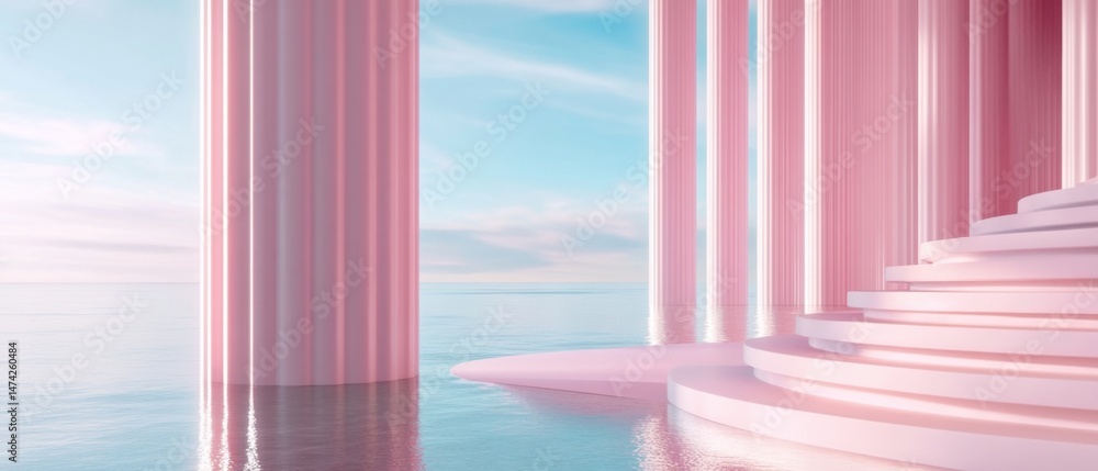 Poster pink columns and steps on water with sky background fantasy architecture minimalist style still life