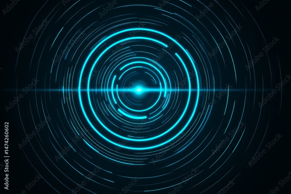 Poster blue circular shape with abstract geometric patterns on a tech background