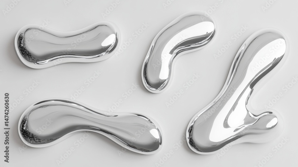 Wall mural chrome blobs on white backdrop studio shot showcasing liquid metal shapes abstract design concept ar