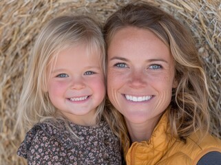 Obraz premium A happy mother and child are embracing while sitting on a haystack