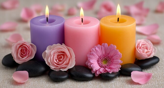 A light wallpaper background serves as the setting for a still life with spa candles - Powered by Adobe