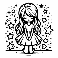Cute Girl Surrounded by Stars and Hearts in Black and White
