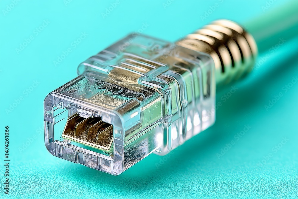 Fototapete close-up view of a clear connector on a turquoise background showcasing intricate details and design