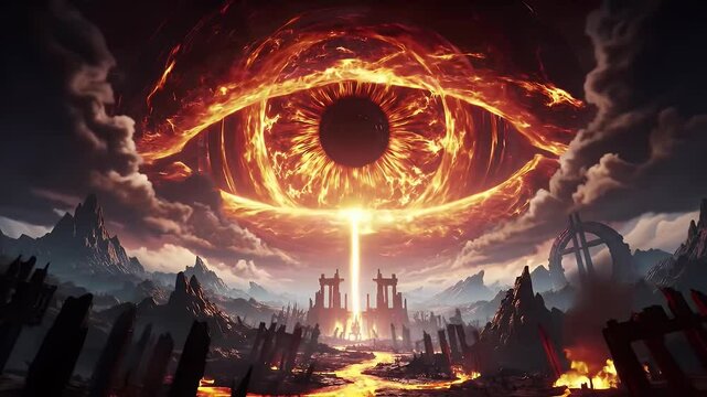 Fiery Eye in Apocalyptic Sky Over Dark Fantasy World