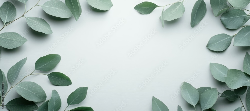 Poster eucalyptus branches frame on pastel gray background with copy space for text, top view