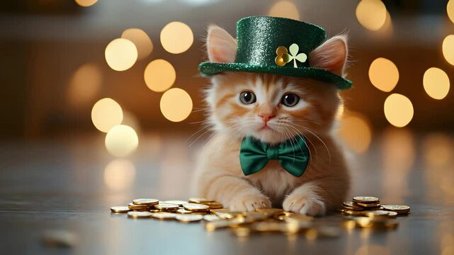 Adorable Ginger Kitten in Leprechaun Hat with Gold Coins for St Patrick's Day