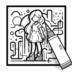 Girl in a Minimalist Line Art Style with Marker Illustration