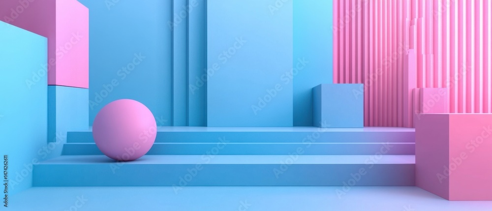 Canvas Prints abstract geometric composition with pink sphere and blue cubes on steps minimalist style