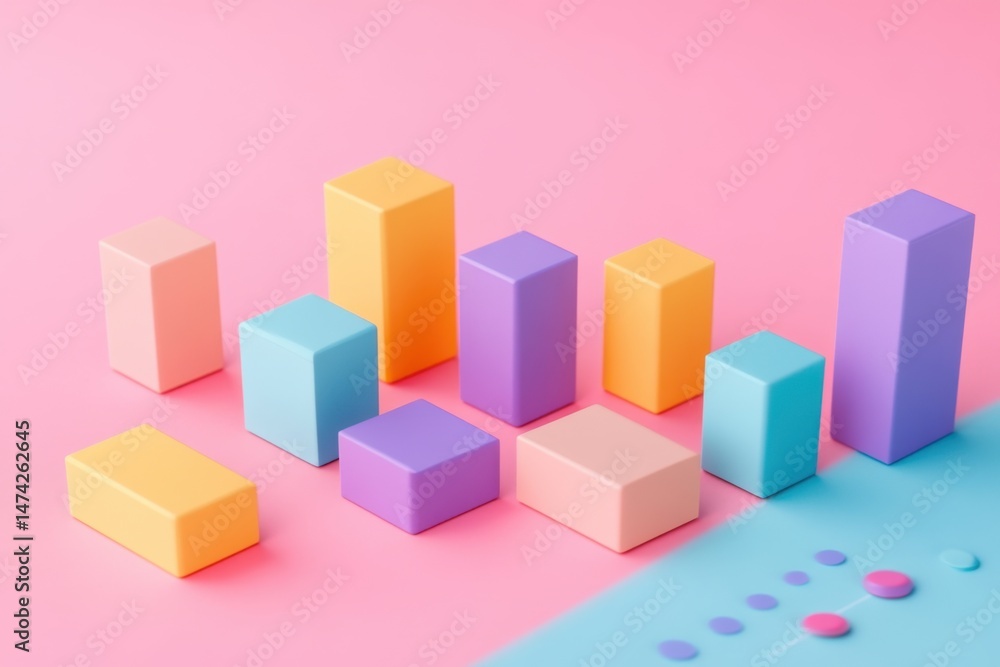 Poster pastel cubes forming bar graph on pink and blue surface representing data visualization and business