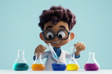 Cartoon boy in lab coat mixing colorful liquids in beakers with a pipette and a light blue background