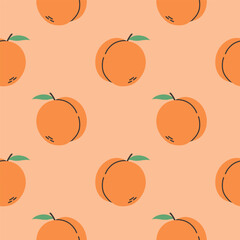 Peach summer pattern on orange background. Simple seamless pattern with peaches. Vector design for greeting card and invitation of seasonal summer holiday