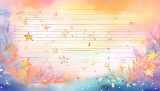 soft delicate watercolor design with pastel tones and tiny glowing stars floating in a whimsical note section with lined spaces creating a calming dreamy and enchanting background
